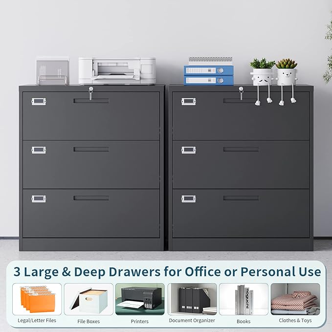 MIIIKO Lateral File Cabinet with Lock, 3 Drawer Lateral Filing Cabinet, Large Deep Drawers Locked by Keys, Metal Storage File Cabinet for Hanging Files Letter/Legal/F4/A4 Size