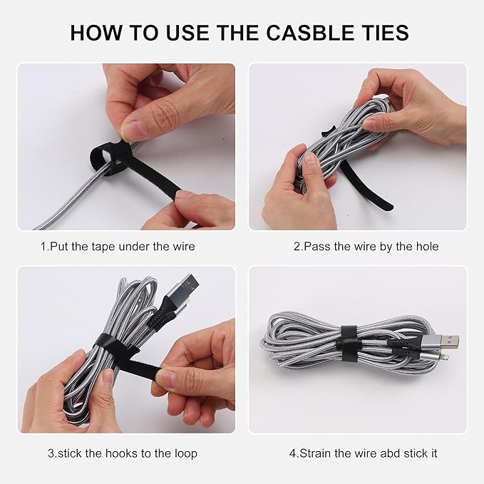 Nettbe Reusable Cable Ties, 60 PCS 8 Inches Adjustable Cord Straps Wire Organizer Cord Wrap and Hook Loop Cable Management