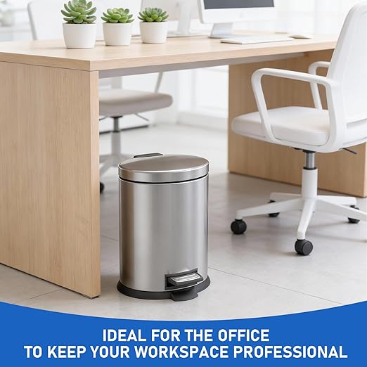SIMPLYKLEEN Bathroom Trash Can with Lid - 2PC Oval Small Trash Can with Soft-Close Lid, Foot Pedal, Brushed Stainless Steel, Removable Liner, Garbage can for Kitchen, Office, Home Silver