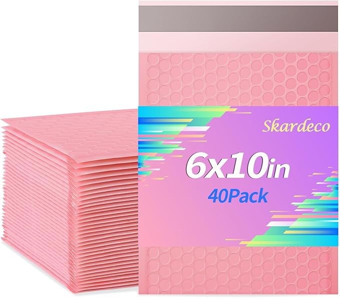 skardeco 6x10 Inch Pink Bubble Mailers 40 Pack Self-Seal Poly Padded Envelopes Suitable for Small Businesses to Package and Mail Jewelry Cosmetics, Electronic Products, Cards (Pink, 6 * 10-40)