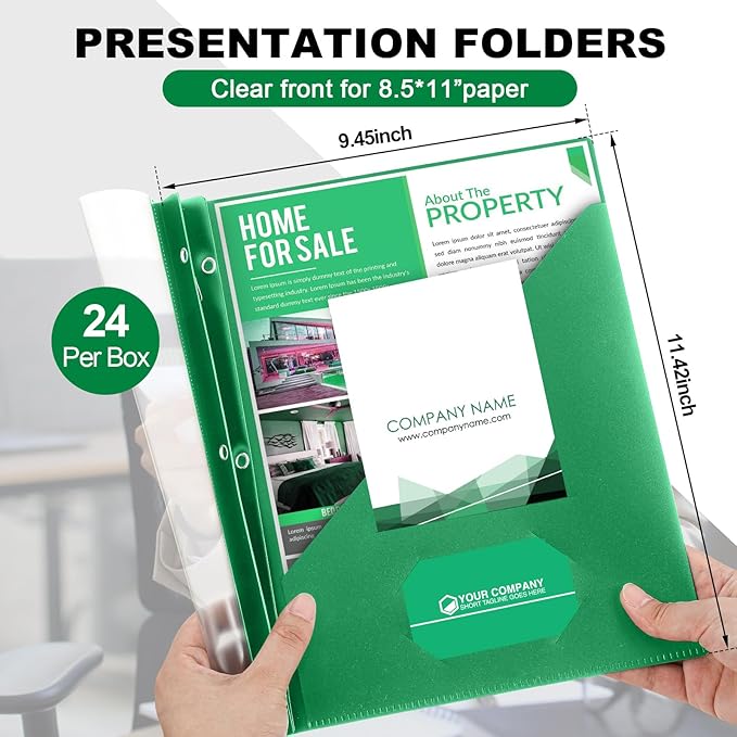 Teling 24 Pcs Clear Front Report Covers with 3 Prongs, Plastic Green Presentation Folders Bulk with 3 Pockets for A4 and Letter Size Paper, 90 Sheet Capacity, Document Covers for School Business