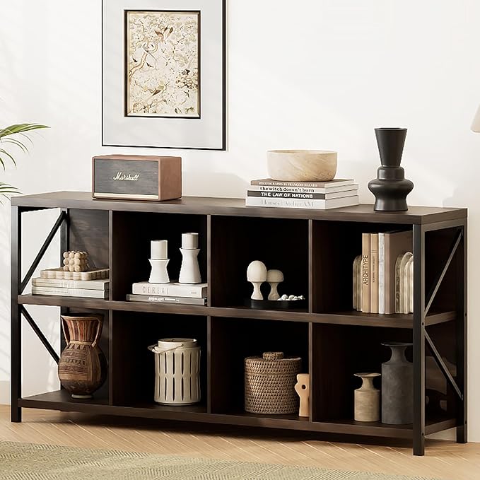 VAKATRELL 8 Cube Storage Organizer Bookshelf, Industrial Horizontal Bookcase, Accent Cubby Shelf, Media Console Table for Living Room, Home Office, 13.6" D x 63" W x 30.9" H, Brown Walnut