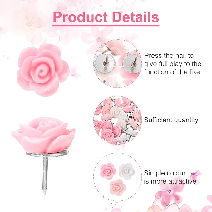 XLIUAX 40Pcs Flower Push Pins, Rose Thumb Tacks Cute Pink Thumbtacks for Cork Board Decorative Push Pins for Bulletin Board Photos Wall Maps Offices