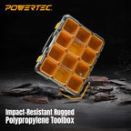 POWERTEC Small Parts Organizer & Tool Box – 10 Compartments, IP65 Water & Dust Protection, Stackable Storage with Interlocking Latch, Removable Tray, Clear Lid, Portable Design (72365)