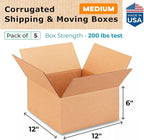 Medium Moving & Shipping Boxes 12 x 12 x 6 inches (5-Pack) - Extra Strength 200 lb vs Regular - Corrugated Packing Boxes for Moving Medium Volume - Box for Shipping by IDL Packaging