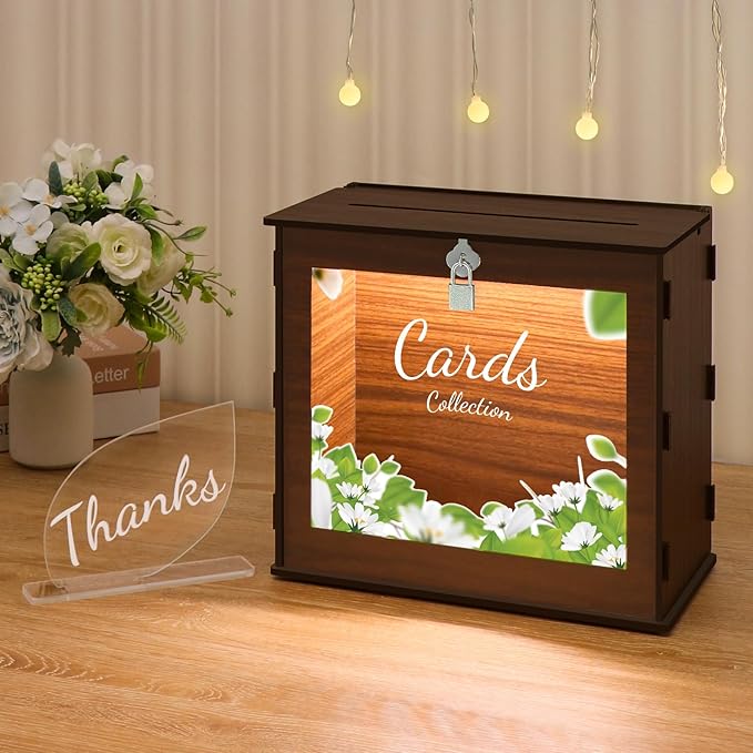 DIWNELEM Wooden Wedding Card Box with Lock&Light Large Letter Envelope Box Wedding Gift Card Box Money Box for Reception Baby Shower Birthday Party Graduation Decorations