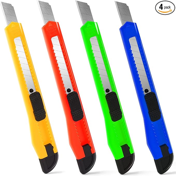 TIFICAL 4 Pack Box Cutter, 9mm Snap-off Utility Knife, Box Cutter Retractable for Opening Packages Cartons, Box Opener, Disposable Razor Knife Exacto Knife Perfect for Office and Home use