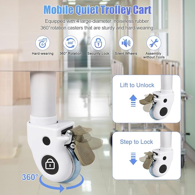 Mobile Medical Trolley Cart Portable 3-Tier Professional Cart 220 Lbs Load Utility Carts for Ultrasound Scanner Esthetician Carts with Drawer Lockable Rolling Wheels for Hospital Dental Clinic Home