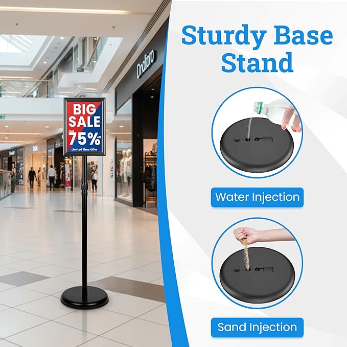 Banzoni Standing Sign Holder | Adjustable Pedestal Signage Stand for 8.5x11 Posters | Heavy Duty Floor Display Stand with Non-Slip Weighted Base | Vertical and Horizontal View Menu Stand for Business