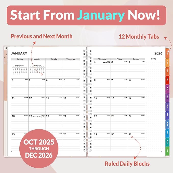 SUNEE 2026 Weekly and Monthly Planner - from January 2026 - December 2026, Daily Agenda Planner with Monthly Tab, Flexible Cover, Note Pages, Pockets, Bookmark, Spiral Binding, Pink Breeze, 8.5"x11"