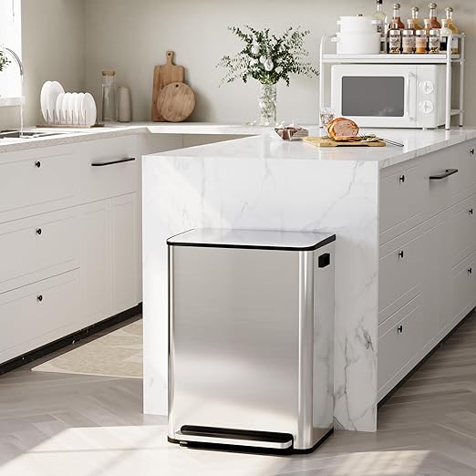 TROPOW 16 Gallon Dual Compartment Step Trash Can, Stainless Steel Kitchen Recycling Bin with Soft-Close Lid & Removable Buckets, for Home Composting, 2x8 Gallon, Silver (60L)