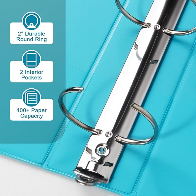 CIXILDTS 2-inch Round Ring Binder, Durable 2" 3 Ring Binder Fit Letter Size Paper, Light Blue, 6-Pack