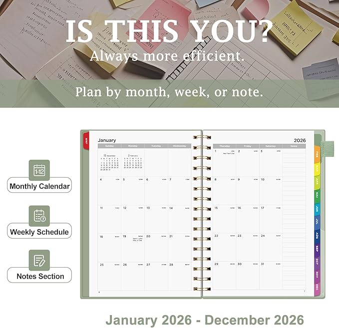 EMSHOI 2026 Planner Weekly and Monthly, Week on One Page with Notes, A5 (5.7"x8.3"), Jan-Dec 2026 Calendar Agenda with Monthly Tabs, Note Pages, 100GSM Thick Paper, Flexible Cover, Light Green