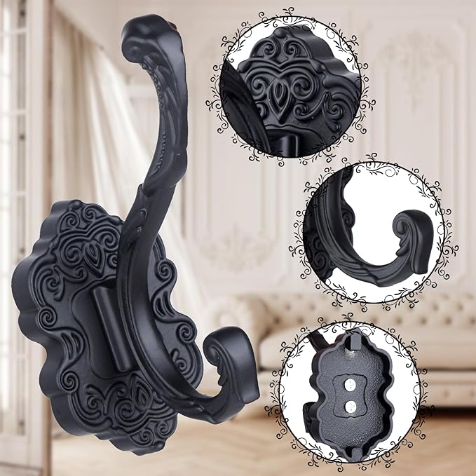 4 Pcs Black Coat Hooks Wall Mount, Matte Metal Hat Hooks for Entryway, Cubicle, Mudroom, Bathroom, Heavy Duty Vintage Decorative Wall Hooks for Towel, Key, Robe, Backpack, Purse, Bag, Clothes, Jacket