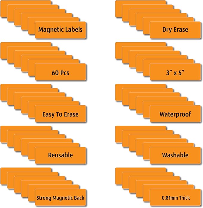 Magnetic Dry Erase Magnets Labels 3x1 inches, Reusable Name Tags, Organizing Schedules in Office/Classroom. Work on Fridge/White Board (Orange 60Pcs)
