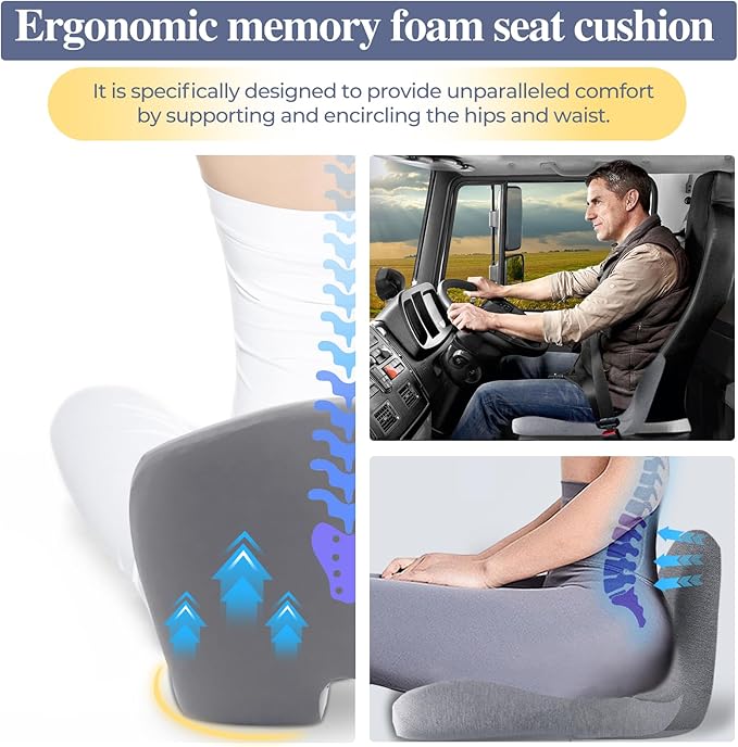 Mosxoed Ergonomic Seat Cushion with Adjustable Strap, Memory Foam Office Chair Seat Cushion with L-Shaped Design, Car Seat Cushion Fits for Truck Driver Semi Truck, Gaming Chair, Desk, Light Gray