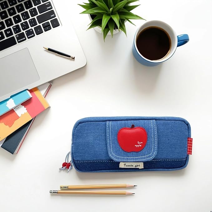 Haumei Canvas Pencil Case Large Capacity, Big Denim Pen Pouch with Zipper, Cute Durable Portable Stationary Storage Bag Organizer for Adults Women, Light Blue, Apple