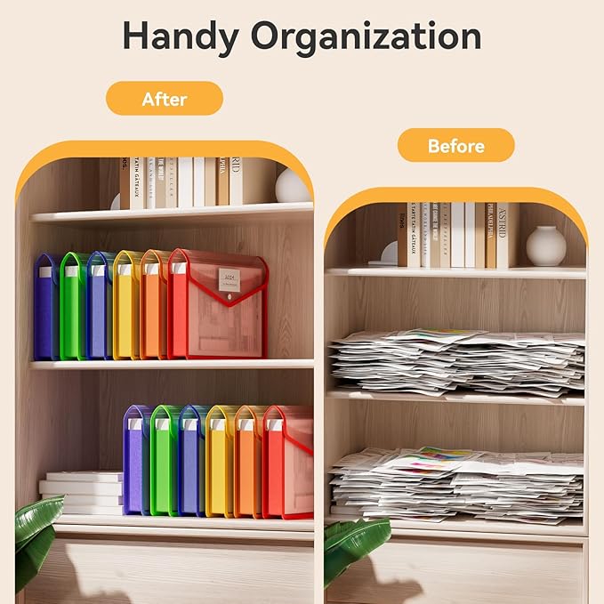 ABC life 6-Pack Plastic Expanding File Folder, Folders for Documents with Snap Closure, Colorful File Folder Organizer Holder, Transparent, Large Capacity, Fit Letter/A4 Size - Rainbow