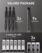 Nicpro 0.9 Metal Mechanical Pencil Set with Case, 3PCS Hevey Duty MP2000 Lead Pencil With 6 Tube HB Lead Refills 0.9mm, Erasers, Weatherproof Barrel for Outdoor Writing Drafting Drawing Sketching