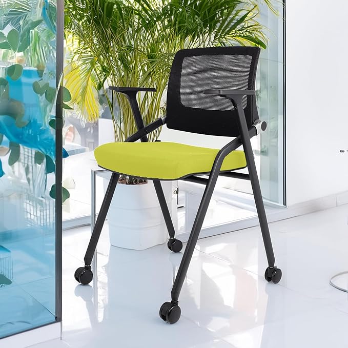 SLKJChr 4 Pack Foldable Office Chairs with Wheels, Mesh Back, Arms and Portable - Folding Office Chairs for Conference Room Chair, Office Guest & Reception & Meeting Chair - (Green) 300 lbs.
