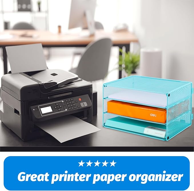 EASEPRES Paper Organizer Tray, 3 Tier Mesh Desk File Organizer Letter Sorter Holder for Home Office, Blue