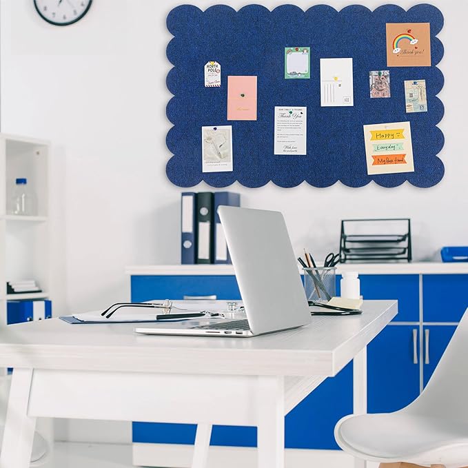 Mooliwe Scalloped Felt Bulletin Board 48 x 36 Inches Foldable Dark Blue Pin Cork Board Alternative for Wall, 4' x 3' Trifold Picture Vision Self Adhesive Bulletin Decorative