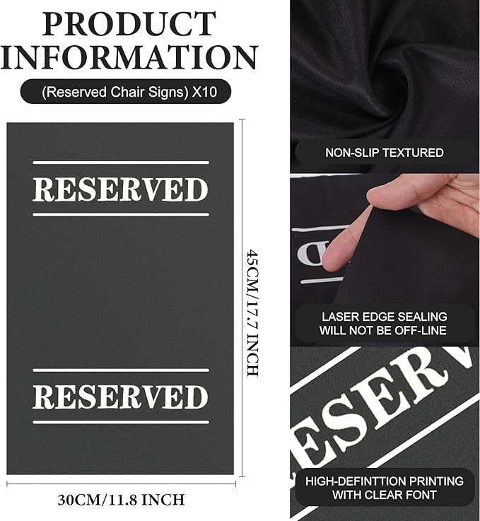 10 Pcs Reserved Chair Signs Cloth Church Placeholder Reserved Pew Signs Chair Reserved Seat Coverswith Printed Words For Weddings, Churches, Eceptions, Cinema,Celebrations, Parties and Events(Black)