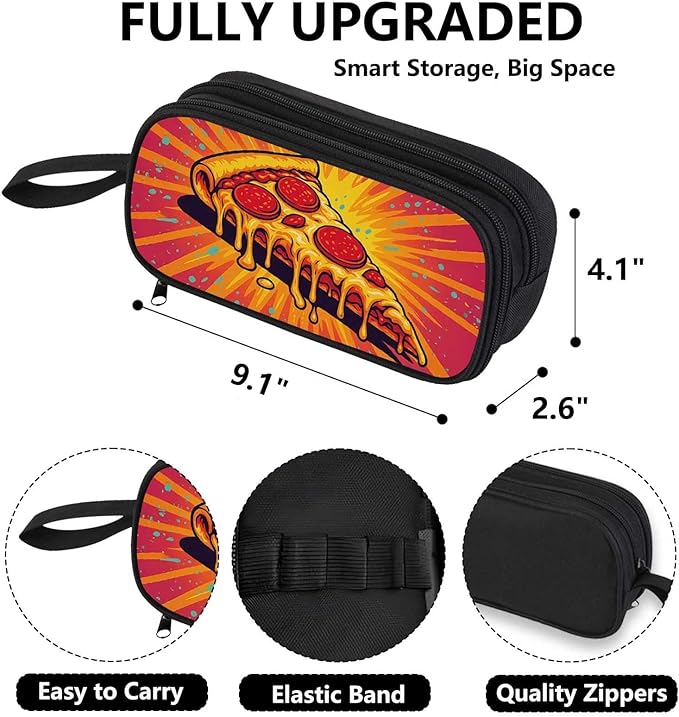 AnySmic Pizza Pencil Case for Boys Girls, Large Durable Pencil Pouch for Kids, Polyester Big Capacity Pen Case Gifts, Double Zipper, Food Single-sided Printed Bag Organizer