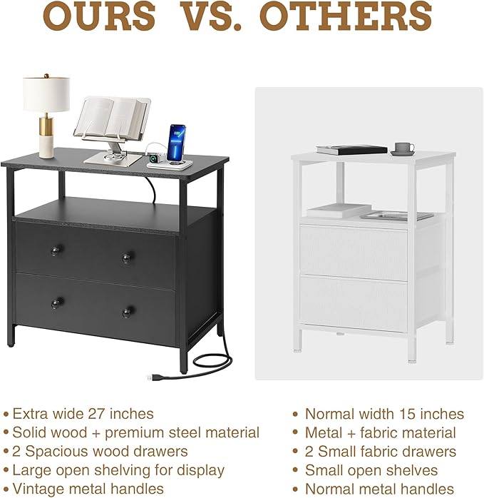 Edbuosy 27 inch Wide Night Stand with Charging Station, Bedside Table with Open Shelf, 2 Drawers Small Wood Dresser, Modern Wood Nightstand for Bedroom/Living Room (Black)
