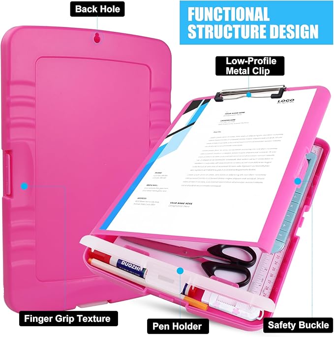 Plastic Clipboard with Storage,A4 Nursing Clipboard Folder with Pen Holder,Cute Clip Boards 8.5x11 Heavy Duty,Side Opening for Office,SchoolHome Work,Hot Pink