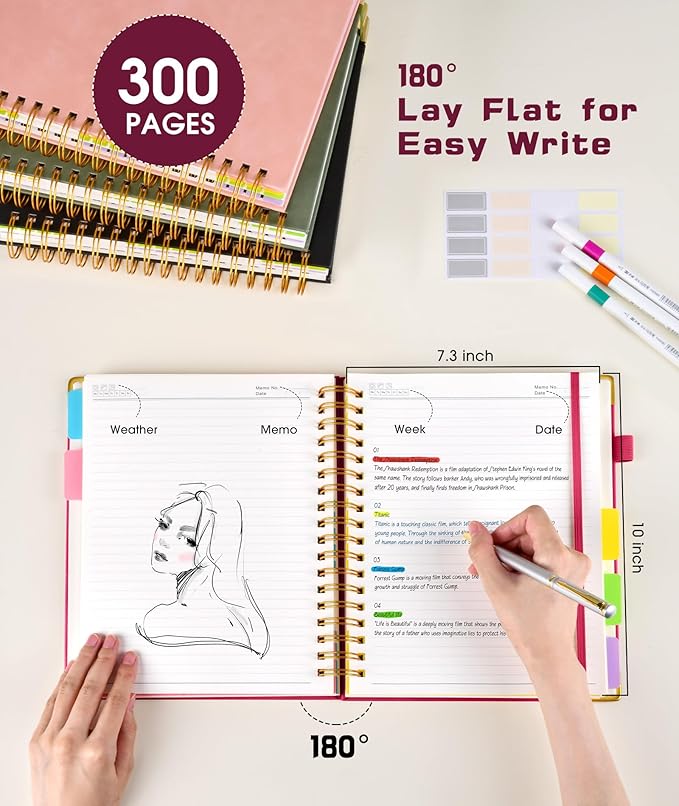 Hardcover Spiral Notebook Journal with Removable Dividers Tabs, 300 Pages Leather 5 Subject Notebook College Ruled, 8"x10" Large B5 Notebooks for Work School Note taking, Lined Journal for Women, Rose