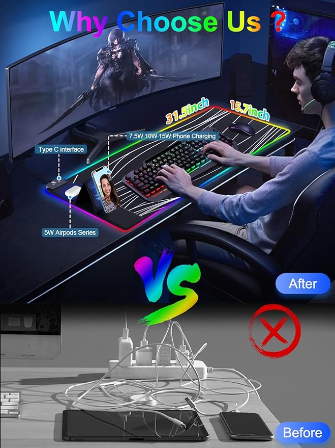 XXL Mouse Pad with Phone Holder, RGB Desk Mat with 15W Fast Charging, LED Large Gaming Mouse Pad with 11 Lights Colors, Long Mouse Pads, Waterproof Non-Slip Desk Pad for Gamer Esports Pros