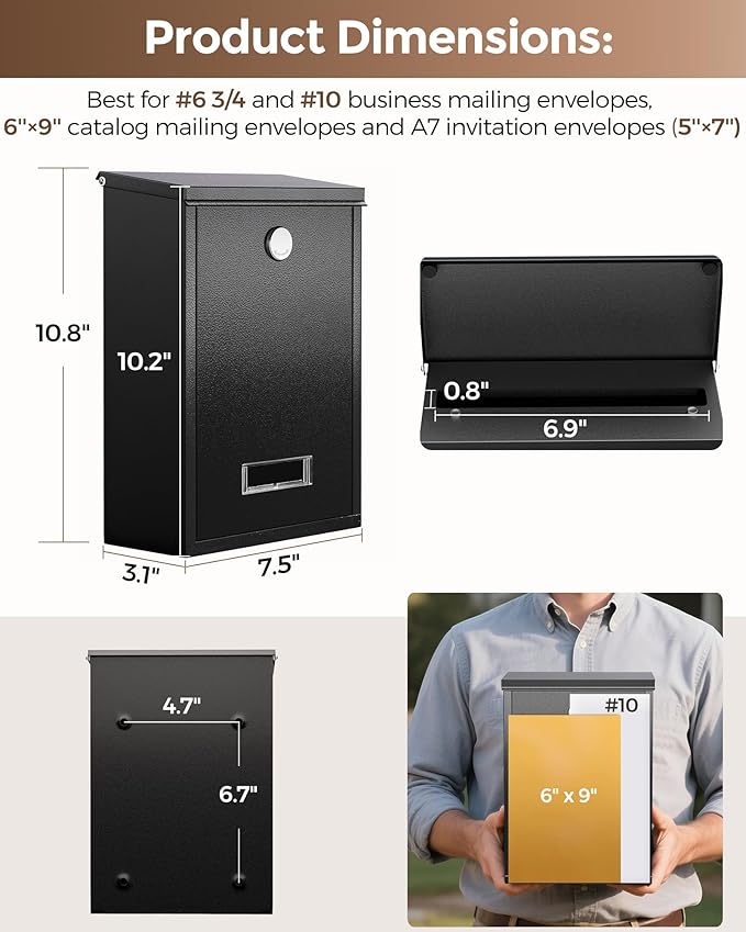 LAND·VOI Locking Wall-Mount Mailbox for Outside, with 4 Keys, Galvanized Steel Rustproof Metal Postbox, 3.1" Dx7.5 Wx10.8 H, Includes 3 Sets of Mailbox Numbers, Nameplate, Black, AMB32B