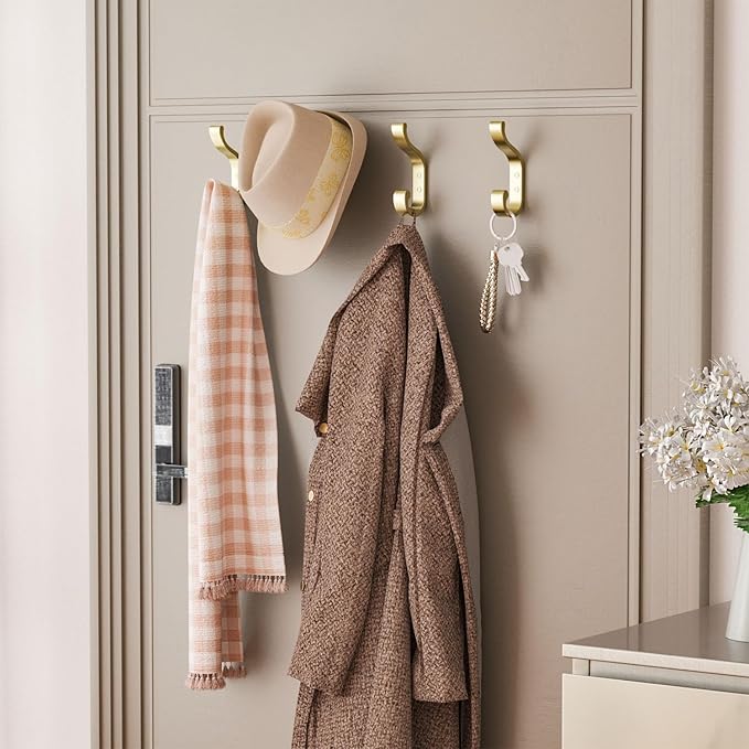 bussdis Large Wall Hooks for Hanging Coats: Heavy Duty Wall-Mount Hanger (Hold 30 LB), Mudroom Hooks for Clothes, Backpack, Purse, Bathroom Towel (Gold, 4 Pack)