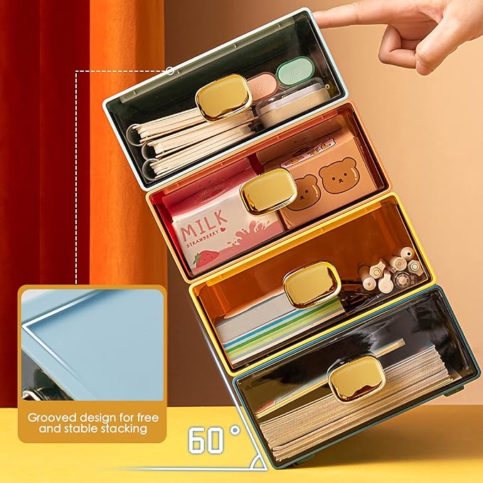 DETEIN 2PACK Stackable Desktop Organizer with Drawer 6.5"x9"x3" Desk Storage Drawer Office Plastic Organizer Clear Small Drawer for Pens, Stationery, Accessories, Make Up (Yellow, M - 1 Drawer)