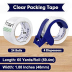 RAZCC Packing Tape, 24 Rolls Clear Heavy Duty Packaging Tape with Dispensers for Packing Shipping Moving Mailing, Thicker Sealing Tape -1.88" x 65 Yards Per Roll, 1560 Total Yards