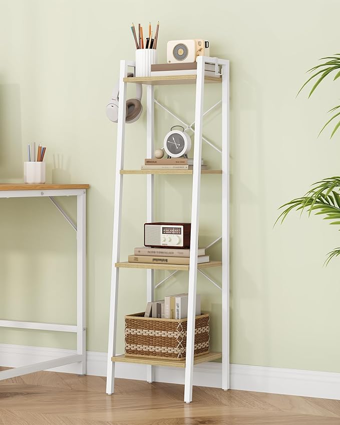 Hzuaneri Ladder Shelf, Bookshelf Bookcase, Freestanding Corner Storage Shelve with 2 Hooks for Home Office, Living Room, Kitchen, Bedroom, Industrial, 11.8" D x 13.4" W x 47.2" H, White Oak and White
