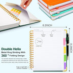 Hardcover Spiral Notebook 6.2"x 8.2" Journal Notebook with Tabs and Removable Dividers 300 Pages 5 Subject Notebook College Ruled, Faux Leather Spiral Bound Notebook for Women School Work(Green)
