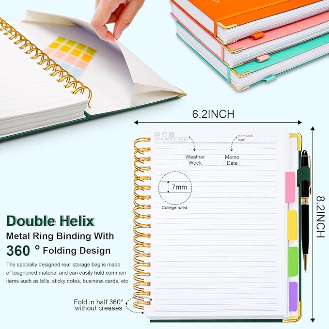 Hardcover Spiral Notebook 6.2"x 8.2" Journal Notebook with Tabs and Removable Dividers 300 Pages 5 Subject Notebook College Ruled, Faux Leather Spiral Bound Notebook for Women School Work(Green)