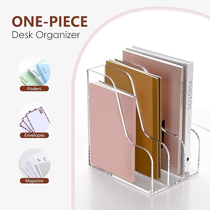 SANRUI Acrylic File Organizer, Compact Desk Organizer for Folders, Binders, Notebooks, Envelopes, Clear Magazine File Holder, 3 Section Bookshelf for School Home Office Organization, A4 Size