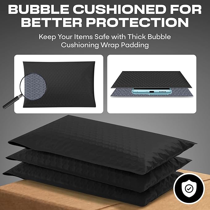 Black 10x13 Inch Poly Bubble Mailers |Self Seal Padded Envelopes for Thick books | Air Cushioned Bubble Mailer | Usable Size 9.5x13 Inch | Waterproof Lightweight Mailing Shipping Bags | 200 Pack Bulk