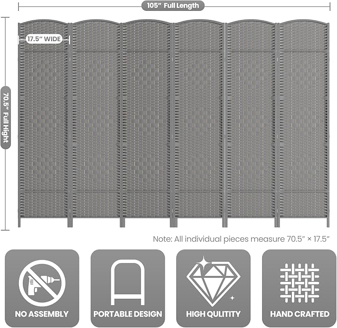 Cocosica Folding Room Divider, Weave Fiber Privacy Screen, Extra Wide Room Screen Divider Separator, Decorative Separation Wall Divider, Freestanding Room (Grey, 6-Panel)