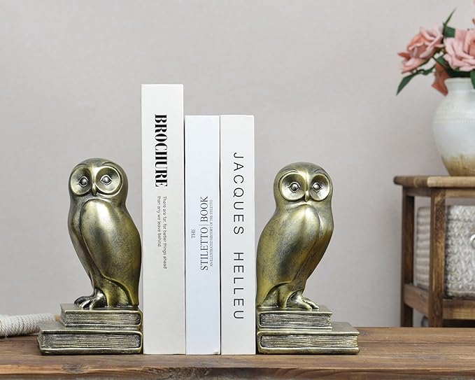 Kakizzy Vintage Gold Owl Bookends,Resin Animal Decorative Book Ends for Shelves,Book Holder with Anti-Slip Base,Luxurious Bird Bookends for Kids Rooms Office Home Decor,Unique Book Lover Gift