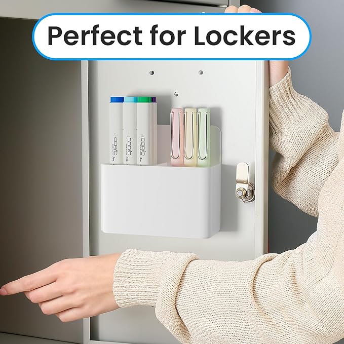 First-zgel 3 Pack Magnetic Pen Holder, Wall Mount Magnetic Dry Erase Marker Holder with Large Compartments, Self Adhesive Marker Pen Pencil Organizer for Whiteboard Fridge Locker Accessories (White)