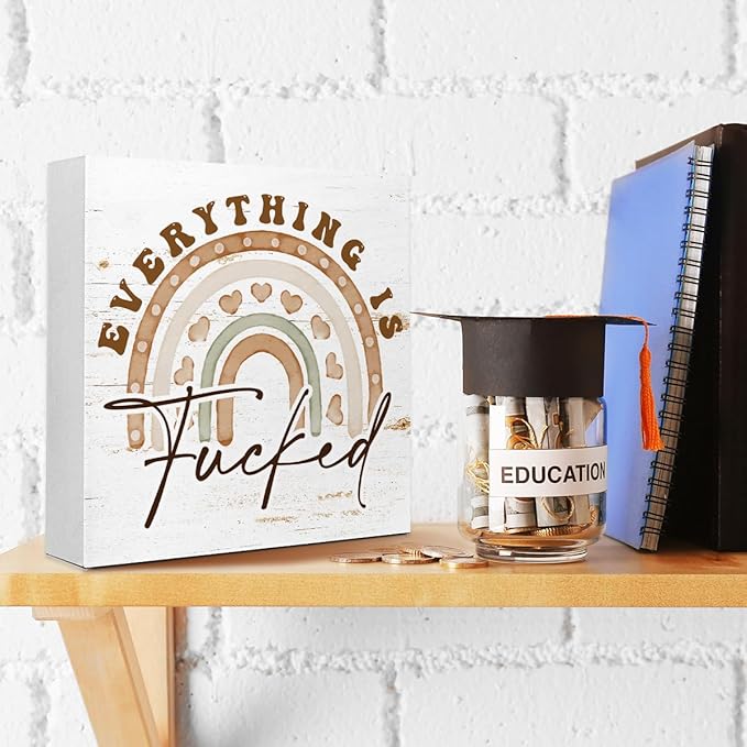Office Wooden Block Sign Everything Is Mess 5x5x1 INCH Sign, Dark Humor Decor, Funny Desk Gift For Adults