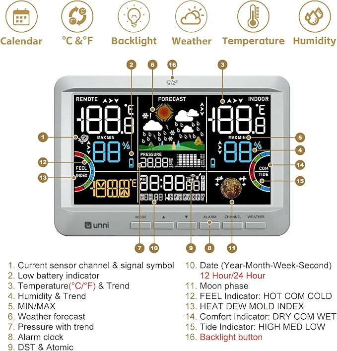 Weather Station Indoor Outdoor Thermometer Wireless, Home Atomic Clock with Large Constant Display, Inside Outside Temperature Humidity Monitor, Dew Heat Point, Barometer Grey