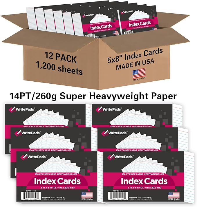 KAISA Lined Index Card 5"x8" Index Cards Flashcards, 1200 Count Index Cards, White 12 pack of 100 Shrink,Heavy Weight Paper Made in the USA(KSU-03454)