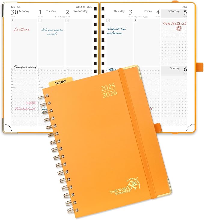 POPRUN Academic Planner 2025-2026 (July 2025-June 2026), Daily Weekly and Monthly Appointment Book (Wirebound Hard Cover - 6.25'' x 8.5'') with Hourly Time Slots, Tabs, 100 GSM - Orange
