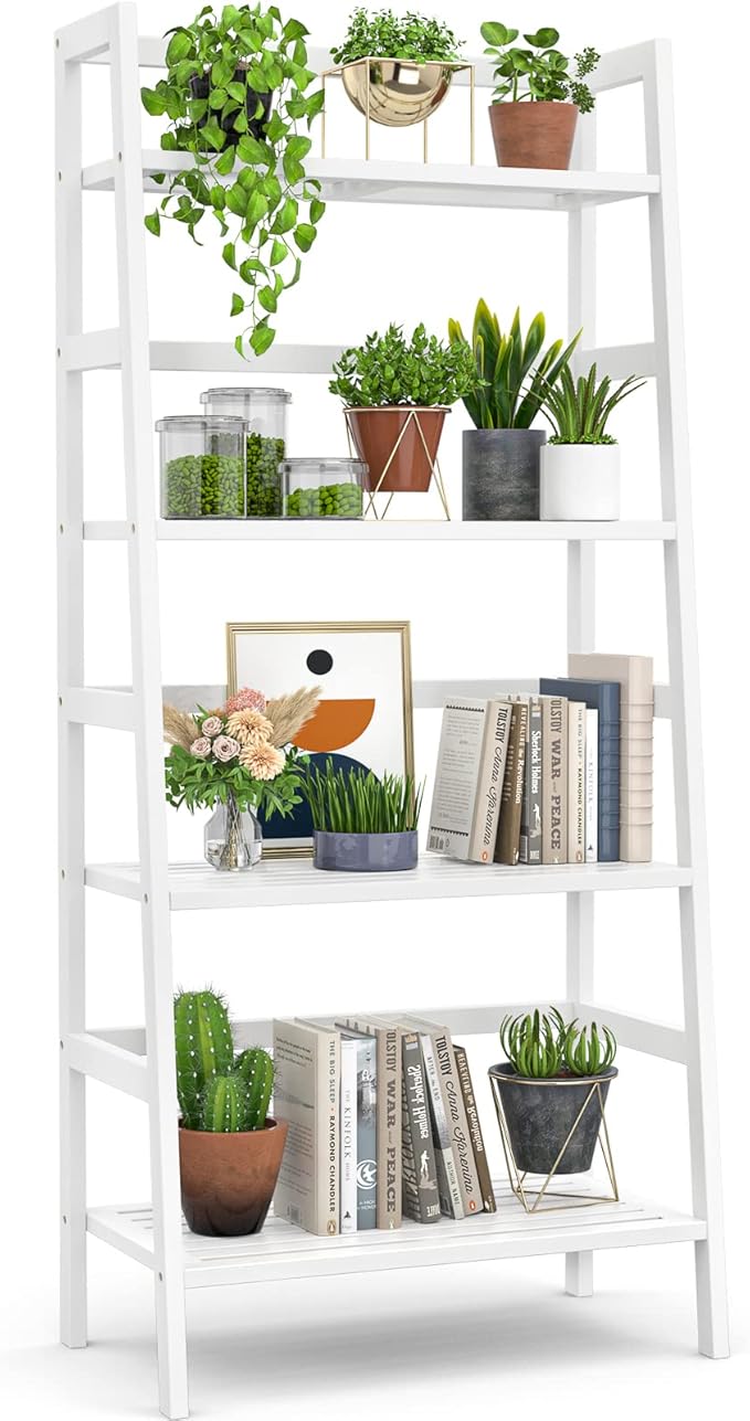 Homykic Ladder Shelf, 4-Tier Bamboo Ladder Bookshelf, 49.2” White Book Shelf, Open Bookcase Freestanding Plant Stand for Small Space, Bathroom, Living Room, Bedroom, Home Office