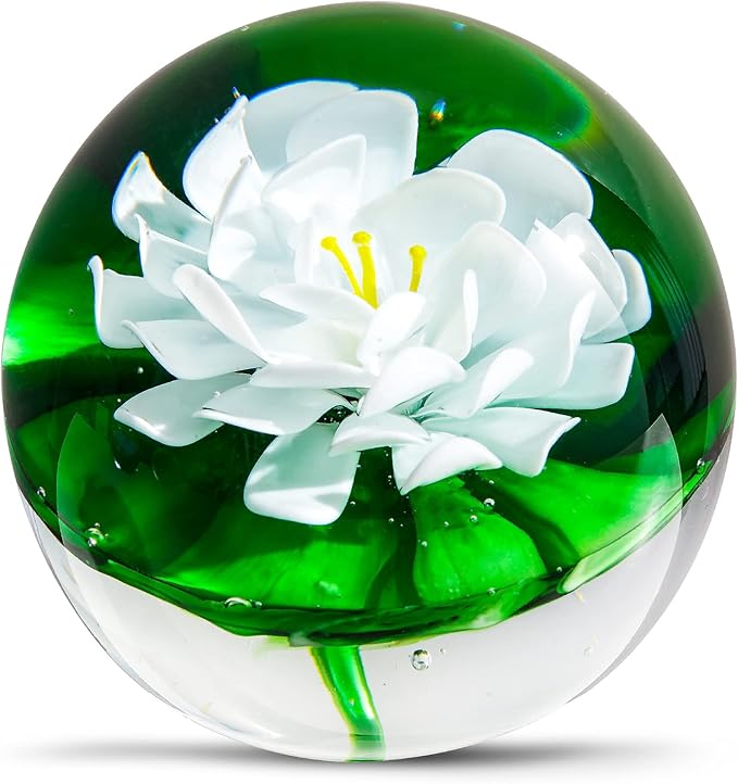 EUSTUMA Hand Blown Glass Flower Paperweight Figurine for Office Desk.Give You A Gift from The Person You Love, The Garden Decoration.(White Lotus Leaves)